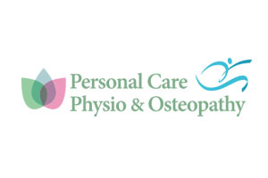 Green text reads Personal Care Physio & Osteopathy. Blue line drawing of person leaping on the right.