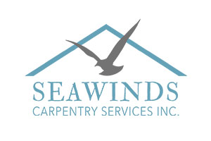 Teal text reads Seawinds Carpentry Services Inc. Drawing of grey seagull above with teal a-frame roof.