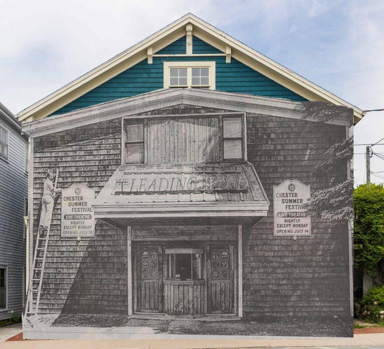 Image of the playhouse, blue siding, and cream trim, with a pencil drawing of the old playhouse, superimposed over 3/4 of the building.