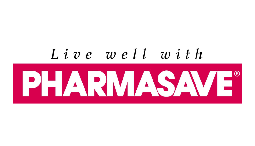 Black text on white reads Live well with - White text on red reads Pharmasave
