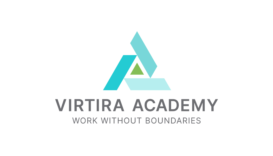 Green, Blue Triangle graphic. Gray text reads Virtira Academy Work Without Boundaries