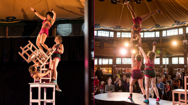 Casting Off Circus - Three women acrobats building a tower of chairs and themselves on a table top